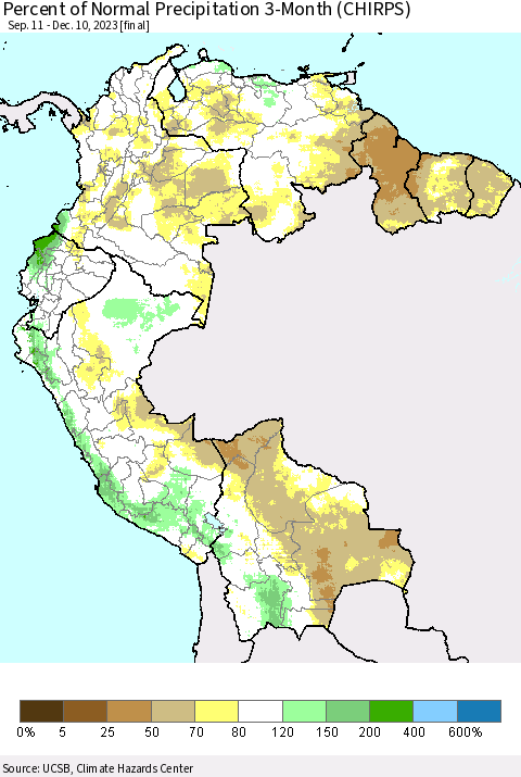 Northern South America Percent of Normal Precipitation 3-Month (CHIRPS) Thematic Map For 9/11/2023 - 12/10/2023