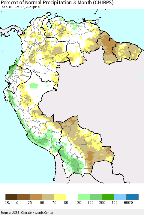 Northern South America Percent of Normal Precipitation 3-Month (CHIRPS) Thematic Map For 9/16/2023 - 12/15/2023