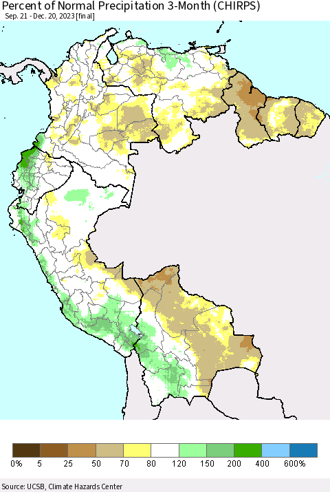 Northern South America Percent of Normal Precipitation 3-Month (CHIRPS) Thematic Map For 9/21/2023 - 12/20/2023