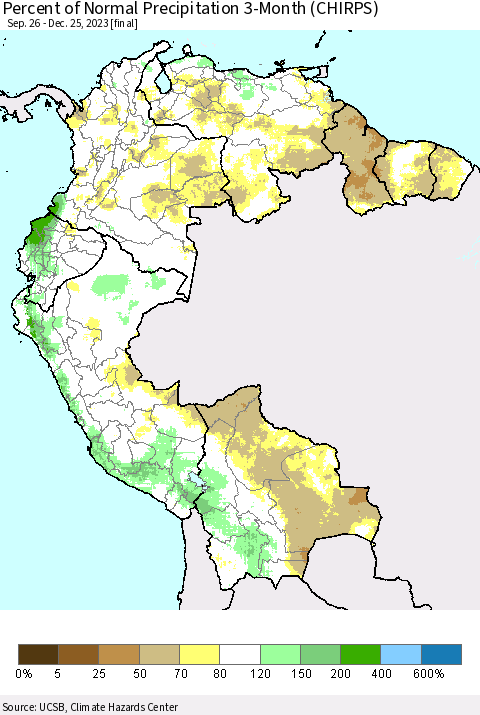 Northern South America Percent of Normal Precipitation 3-Month (CHIRPS) Thematic Map For 9/26/2023 - 12/25/2023