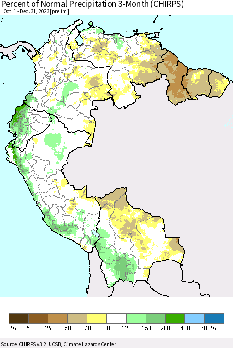 Northern South America Percent of Normal Precipitation 3-Month (CHIRPS) Thematic Map For 10/1/2023 - 12/31/2023