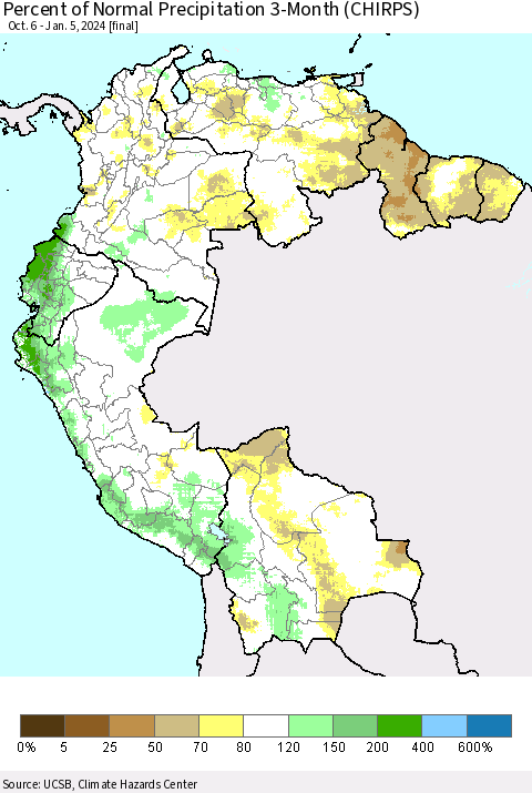 Northern South America Percent of Normal Precipitation 3-Month (CHIRPS) Thematic Map For 10/6/2023 - 1/5/2024