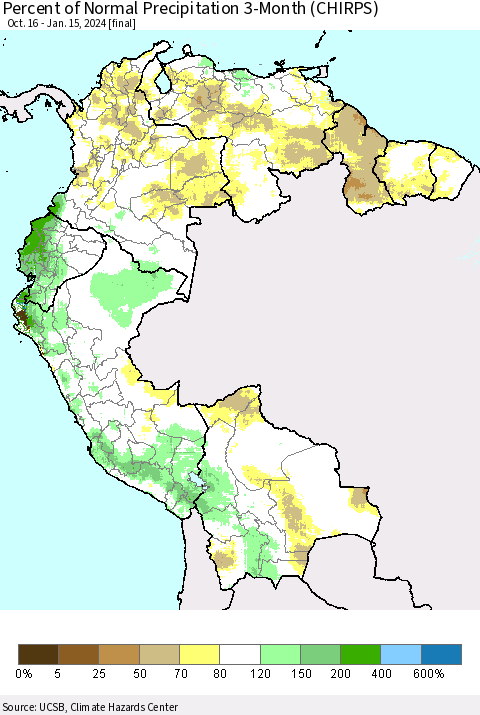 Northern South America Percent of Normal Precipitation 3-Month (CHIRPS) Thematic Map For 10/16/2023 - 1/15/2024