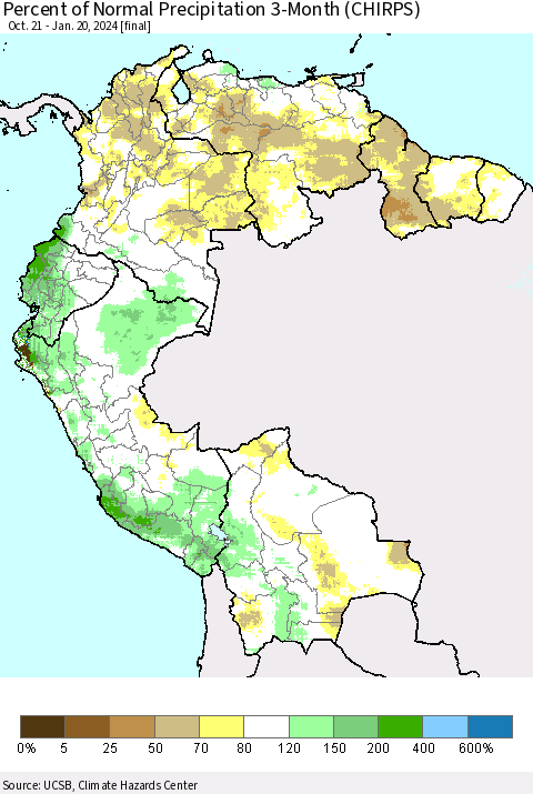 Northern South America Percent of Normal Precipitation 3-Month (CHIRPS) Thematic Map For 10/21/2023 - 1/20/2024