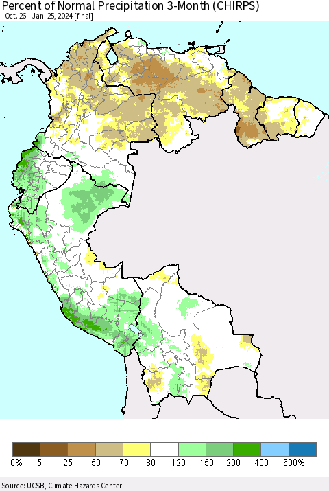 Northern South America Percent of Normal Precipitation 3-Month (CHIRPS) Thematic Map For 10/26/2023 - 1/25/2024