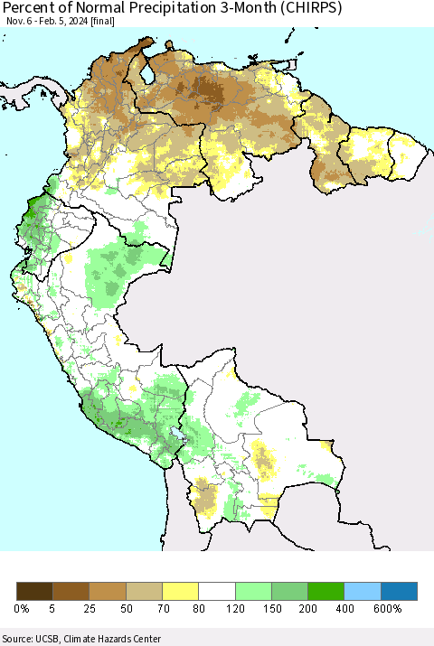Northern South America Percent of Normal Precipitation 3-Month (CHIRPS) Thematic Map For 11/6/2023 - 2/5/2024