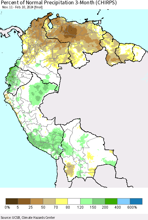 Northern South America Percent of Normal Precipitation 3-Month (CHIRPS) Thematic Map For 11/11/2023 - 2/10/2024