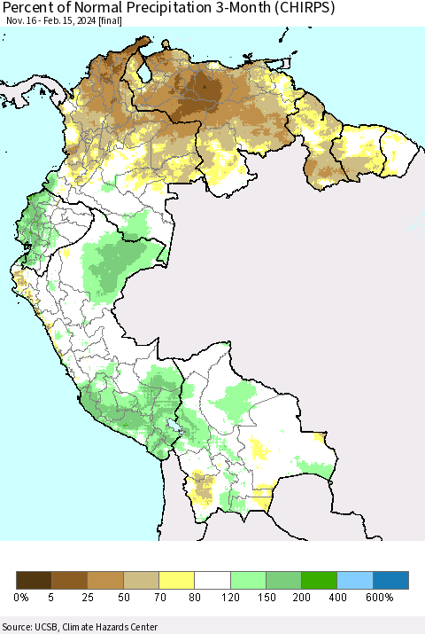 Northern South America Percent of Normal Precipitation 3-Month (CHIRPS) Thematic Map For 11/16/2023 - 2/15/2024