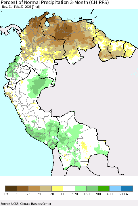 Northern South America Percent of Normal Precipitation 3-Month (CHIRPS) Thematic Map For 11/21/2023 - 2/20/2024