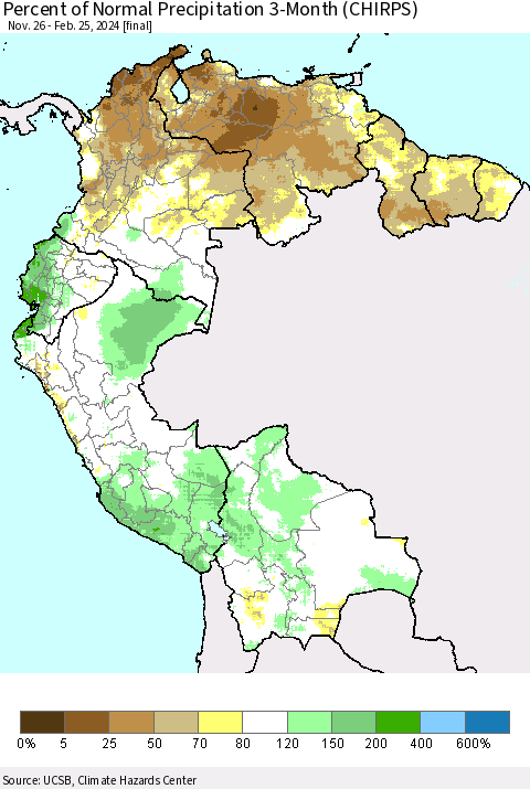 Northern South America Percent of Normal Precipitation 3-Month (CHIRPS) Thematic Map For 11/26/2023 - 2/25/2024