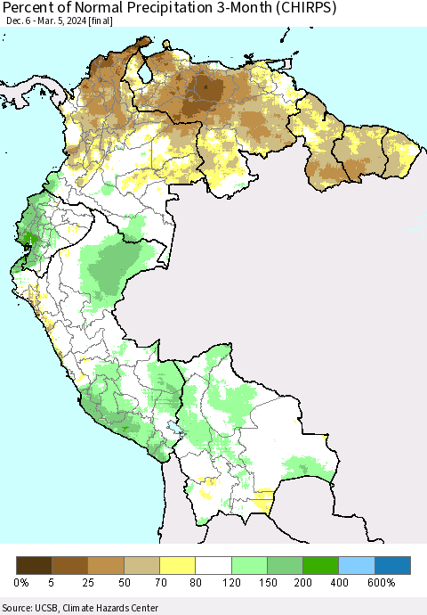 Northern South America Percent of Normal Precipitation 3-Month (CHIRPS) Thematic Map For 12/6/2023 - 3/5/2024