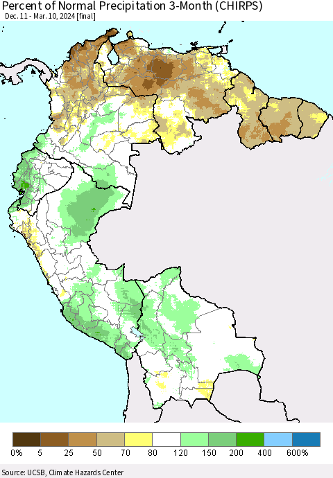 Northern South America Percent of Normal Precipitation 3-Month (CHIRPS) Thematic Map For 12/11/2023 - 3/10/2024