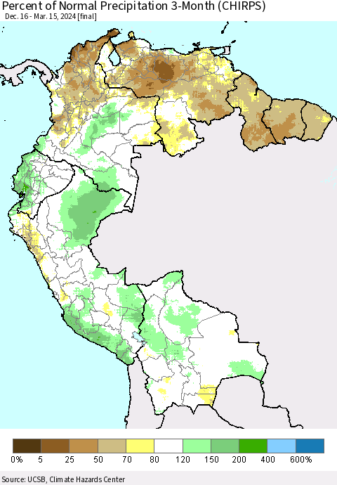 Northern South America Percent of Normal Precipitation 3-Month (CHIRPS) Thematic Map For 12/16/2023 - 3/15/2024