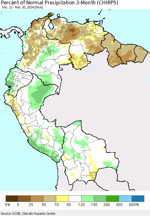 Northern South America Percent of Normal Precipitation 3-Month (CHIRPS) Thematic Map For 12/21/2023 - 3/20/2024