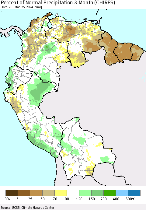 Northern South America Percent of Normal Precipitation 3-Month (CHIRPS) Thematic Map For 12/26/2023 - 3/25/2024