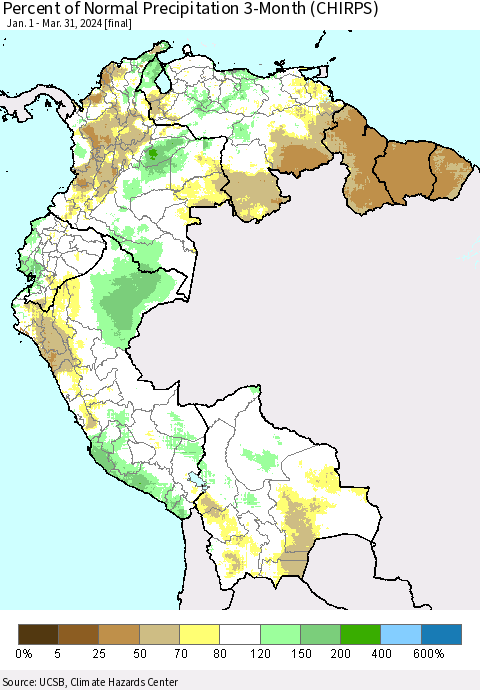 Northern South America Percent of Normal Precipitation 3-Month (CHIRPS) Thematic Map For 1/1/2024 - 3/31/2024