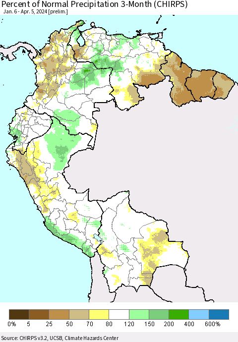 Northern South America Percent of Normal Precipitation 3-Month (CHIRPS) Thematic Map For 1/6/2024 - 4/5/2024