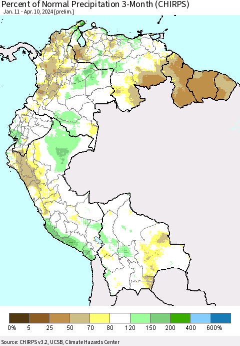 Northern South America Percent of Normal Precipitation 3-Month (CHIRPS) Thematic Map For 1/11/2024 - 4/10/2024