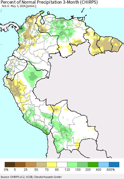 Northern South America Percent of Normal Precipitation 3-Month (CHIRPS) Thematic Map For 2/6/2024 - 5/5/2024