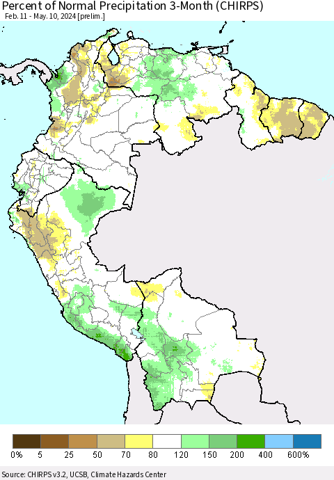 Northern South America Percent of Normal Precipitation 3-Month (CHIRPS) Thematic Map For 2/11/2024 - 5/10/2024