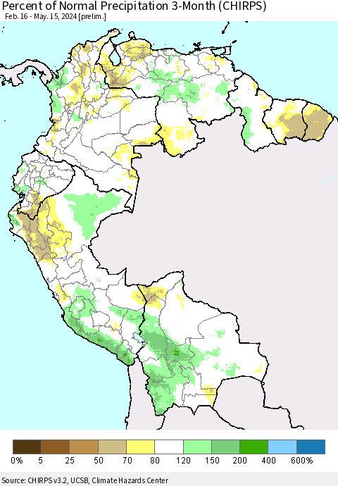 Northern South America Percent of Normal Precipitation 3-Month (CHIRPS) Thematic Map For 2/16/2024 - 5/15/2024