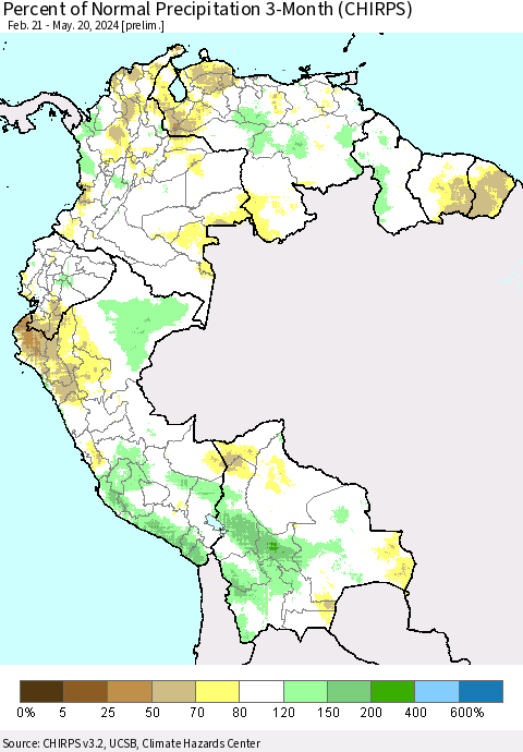 Northern South America Percent of Normal Precipitation 3-Month (CHIRPS) Thematic Map For 2/21/2024 - 5/20/2024