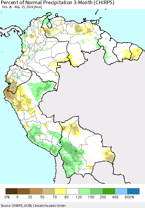Northern South America Percent of Normal Precipitation 3-Month (CHIRPS) Thematic Map For 2/26/2024 - 5/25/2024