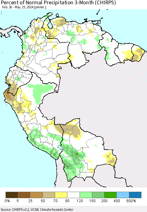 Northern South America Percent of Normal Precipitation 3-Month (CHIRPS) Thematic Map For 2/26/2024 - 5/25/2024