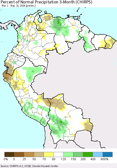 Northern South America Percent of Normal Precipitation 3-Month (CHIRPS) Thematic Map For 3/1/2024 - 5/31/2024