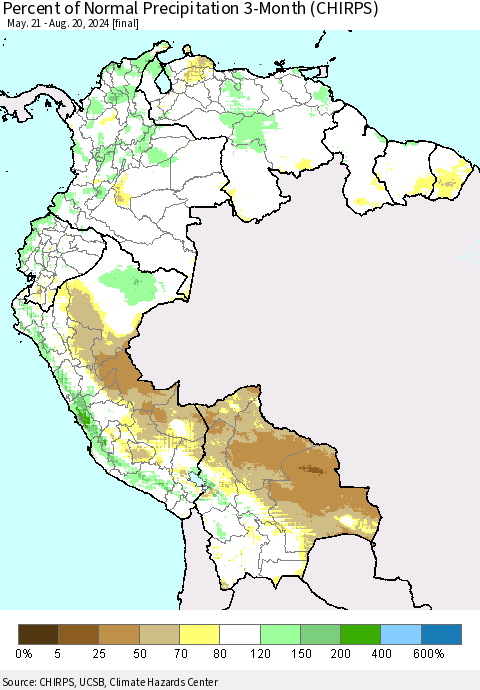Northern South America Percent of Normal Precipitation 3-Month (CHIRPS) Thematic Map For 5/21/2024 - 8/20/2024