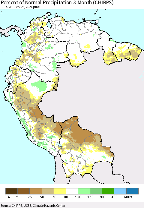 Northern South America Percent of Normal Precipitation 3-Month (CHIRPS) Thematic Map For 6/26/2024 - 9/25/2024