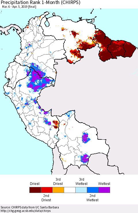 Northern South America Precipitation Rank since 1981, 1-Month (CHIRPS) Thematic Map For 3/6/2019 - 4/5/2019