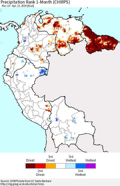 Northern South America Precipitation Rank since 1981, 1-Month (CHIRPS) Thematic Map For 3/16/2019 - 4/15/2019