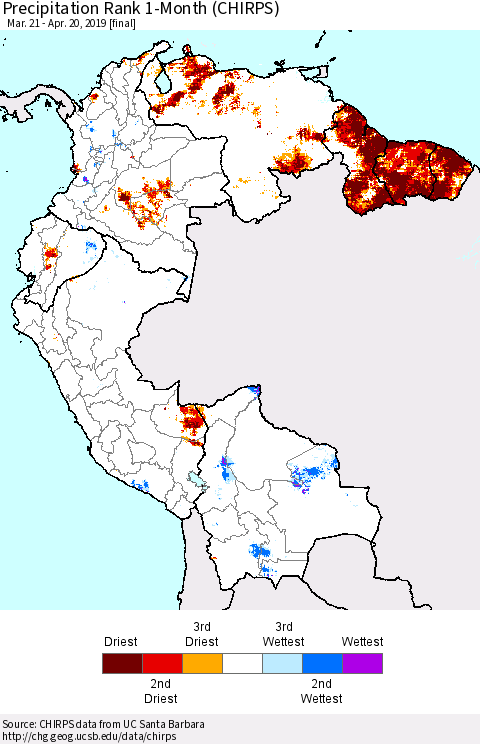 Northern South America Precipitation Rank since 1981, 1-Month (CHIRPS) Thematic Map For 3/21/2019 - 4/20/2019