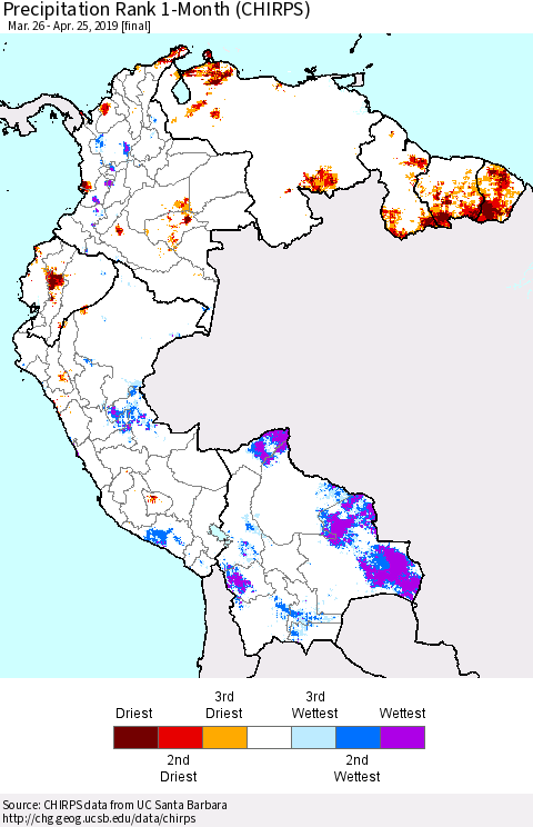 Northern South America Precipitation Rank since 1981, 1-Month (CHIRPS) Thematic Map For 3/26/2019 - 4/25/2019