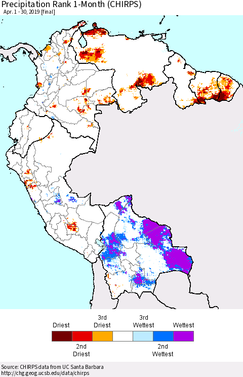 Northern South America Precipitation Rank since 1981, 1-Month (CHIRPS) Thematic Map For 4/1/2019 - 4/30/2019