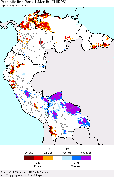 Northern South America Precipitation Rank since 1981, 1-Month (CHIRPS) Thematic Map For 4/6/2019 - 5/5/2019