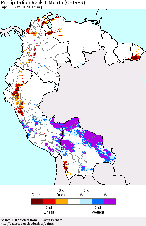 Northern South America Precipitation Rank since 1981, 1-Month (CHIRPS) Thematic Map For 4/11/2019 - 5/10/2019