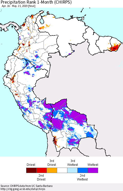 Northern South America Precipitation Rank since 1981, 1-Month (CHIRPS) Thematic Map For 4/16/2019 - 5/15/2019