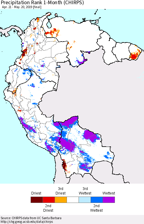 Northern South America Precipitation Rank since 1981, 1-Month (CHIRPS) Thematic Map For 4/21/2019 - 5/20/2019