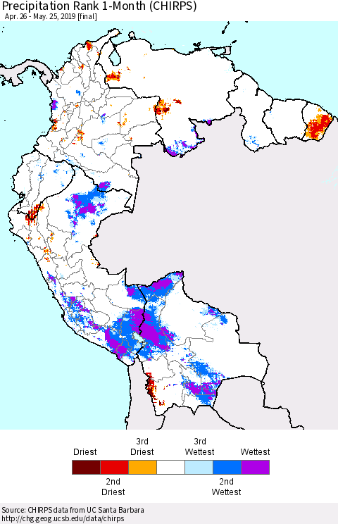 Northern South America Precipitation Rank since 1981, 1-Month (CHIRPS) Thematic Map For 4/26/2019 - 5/25/2019