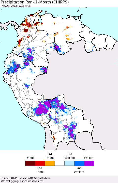 Northern South America Precipitation Rank 1-Month (CHIRPS) Thematic Map For 11/6/2019 - 12/5/2019