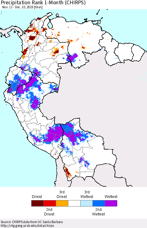 Northern South America Precipitation Rank 1-Month (CHIRPS) Thematic Map For 11/11/2019 - 12/10/2019