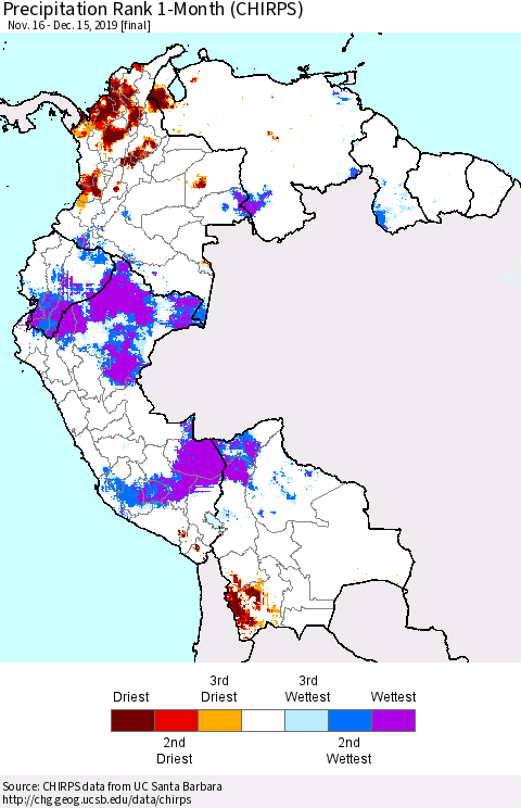 Northern South America Precipitation Rank since 1981, 1-Month (CHIRPS) Thematic Map For 11/16/2019 - 12/15/2019