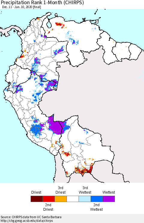 Northern South America Precipitation Rank 1-Month (CHIRPS) Thematic Map For 12/11/2019 - 1/10/2020