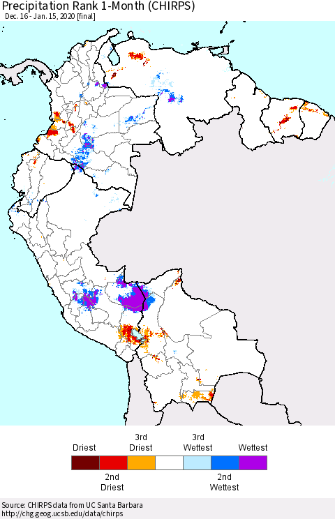 Northern South America Precipitation Rank 1-Month (CHIRPS) Thematic Map For 12/16/2019 - 1/15/2020