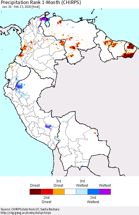 Northern South America Precipitation Rank 1-Month (CHIRPS) Thematic Map For 1/16/2020 - 2/15/2020