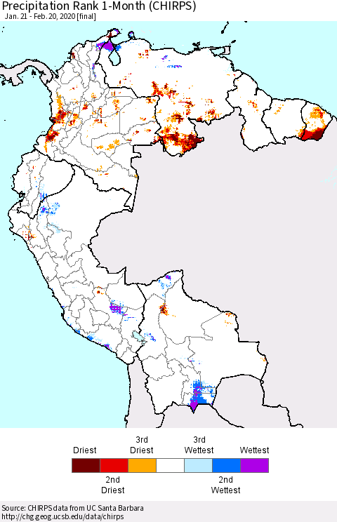 Northern South America Precipitation Rank since 1981, 1-Month (CHIRPS) Thematic Map For 1/21/2020 - 2/20/2020
