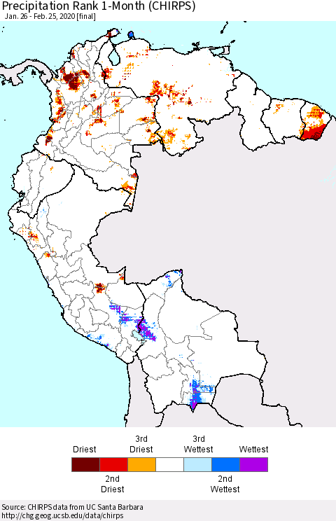 Northern South America Precipitation Rank 1-Month (CHIRPS) Thematic Map For 1/26/2020 - 2/25/2020