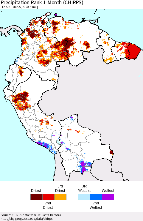 Northern South America Precipitation Rank since 1981, 1-Month (CHIRPS) Thematic Map For 2/6/2020 - 3/5/2020